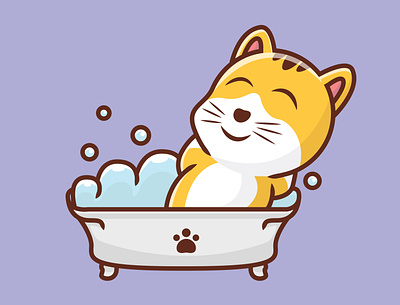 cat taking a bath on bathtub branding cartoon design icon illustration logo mascot typography ui ux vector
