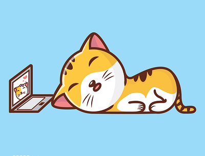 cat sleeping when video call with girlfriend branding cartoon design icon illustration logo mascot typography ui ux vector