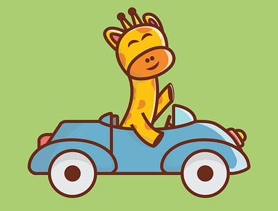 giraffe on the car branding cartoon design icon illustration logo mascot typography ui ux vector