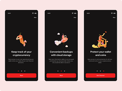 Crypto Wallet - Onboarding Screens app beginner clean crypto dailyui design flat graphic design illustration logo minimal mobile onboarding product design red typography ui uiux ux vector