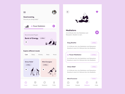 Meditation App app calm clean design flat illustration meditation meditation app minimal mobile mobile app mood purple purple app ui uiux vector