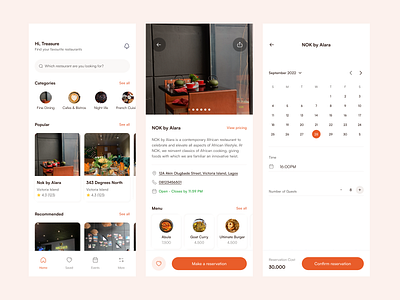 Restaurant Reservation Mobile App app booking bookings bookings app calendar clean design figma flat homepage ios minimal mobile app orange product design reservation reservation app restaurant ui uiux