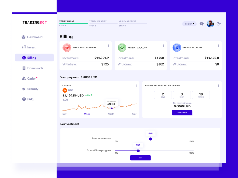 Tradingbot Billing affiliate blockchain clean design dashboard fintech app investment mining services simple solution trading platform ui user experience ux web design