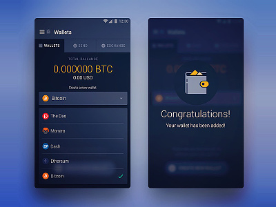 Create new wallet android bitcoin services change crypto currency dashboard interface material design mobile app design ui ux