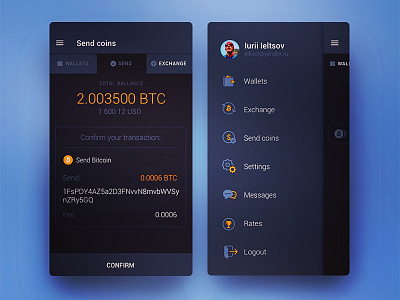 Menu android bitcoin services change crypto currency dashboard interface material design mobile app design ui ux