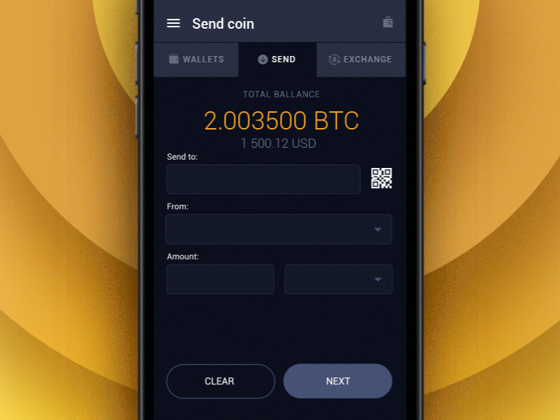 Send currency (anim) android bitcoin services blockchain change crypto currency dashboard interface material design mobile app design ui ux
