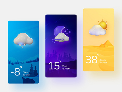 3D Icons :: Weather App 3d icons app design clean ui london minimal mumbai newyork snow sunny uidesign windy