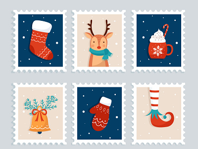 Christmas stamp collection blue christmas collection deer illustration stamp vector winter