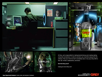 Grey Juice - Unplug Responsibly ad agency advertising alien design graphic design grey grey advertising matrix print ad spec ad the matrix