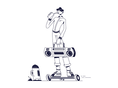 Summer vibes 2d character characterdesign cool design dude flat hoverboard illustration line music skating vector