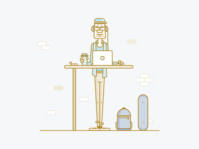 Hipster at work character coffee design desk headphone hipster illustration laptop line office skateboard work