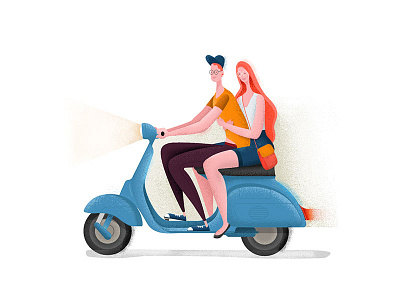 Ridin On Love 2d character design flat hugs illustration love ride romantic scooter vector wife