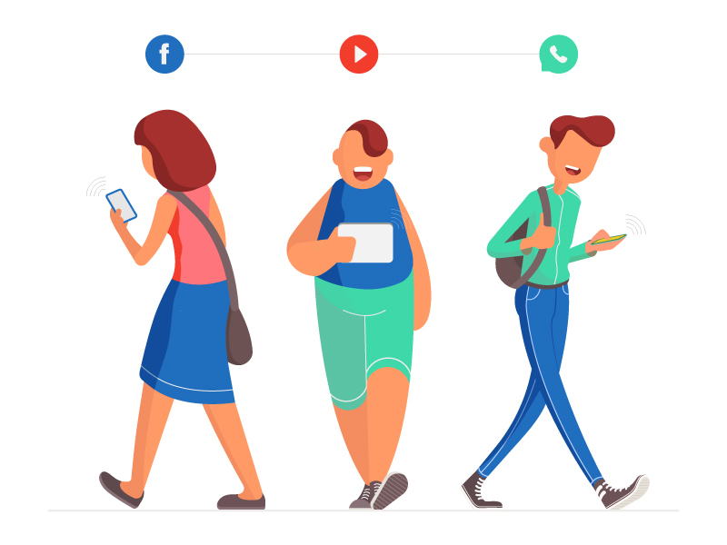 Phone Addiction 2d addiction character design facebook flat illustration network online phone social vector whatsapp young youth youtube