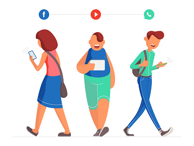 Phone Addiction 2d addiction character design facebook flat illustration network online phone social vector whatsapp young youth youtube