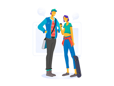 Gen Z 2d character chat cool design dude flat genz hipster illustration lady line phone skateboard vector