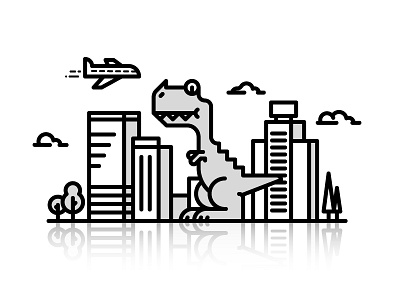 City Walk 2d building character city design dinosaur flat friday friyay icon illustration line plane ticket trex vector