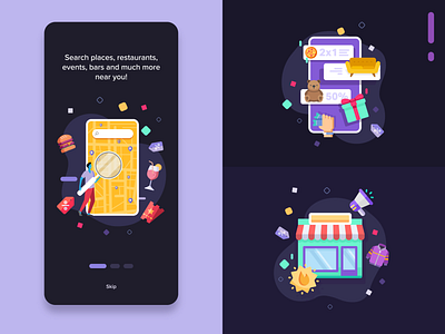 District ~ Deals finder . Onboarding adobe xd app illustration onboarding ui ux violet