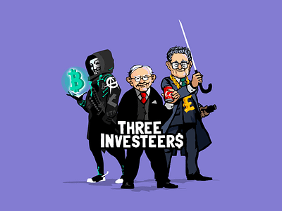 Three Investeers - characters for a trading education game bitcoin branding chain characters crypto currency design education forex game illustration investing logo pound satoshi soros sword trading vector warren buffett