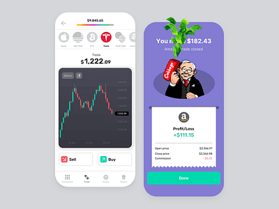 Trading education app UI app bill character chart education app finance investing investor mobile app money money gun results stock market stock trading trading trading simulator ui design