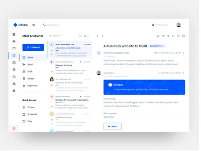 InTeam Inbox UI blue clean color palette email gmail inbox list mail material message nav ui web app