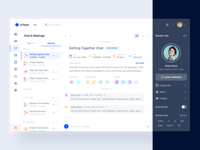 Meeting & Chat: InTeam_Team Management Dashboard branding calender chat chat app chatbot contact dashboard design landing page meetings message minimal product schedule team chat template video calling web web app website design