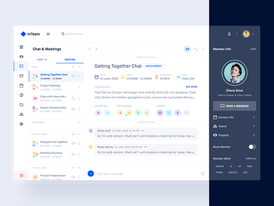 Meeting & Chat: InTeam_Team Management Dashboard branding calender chat chat app chatbot contact dashboard design landing page meetings message minimal product schedule team chat template video calling web web app website design