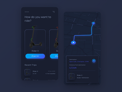 XRIDE Ride Tracker Concept (Dark Theme) app design kyran leech map neumorphism scooter tracker tracking app travel ui