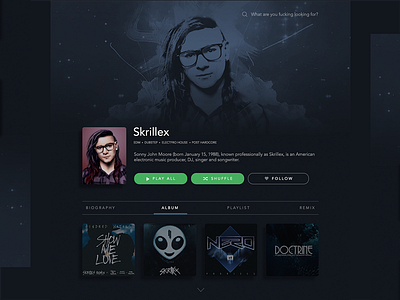 Skrillex app dashboard design interface music online spotify streaming ui uiux ux web