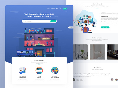 Co-living Space Home Page branding illustration interaction landing product design ui ux website website concept