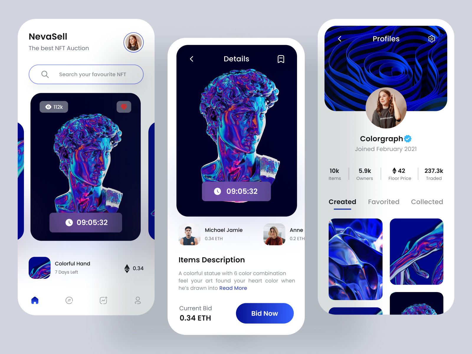 NevaSell - NFT Auction Mobile Apps Design 10am clean colorful finance fireart halolab illustration investment mobileapps nft odama paperpillar piqo plainthing statue tubik ui8 uiuxdesign vektora