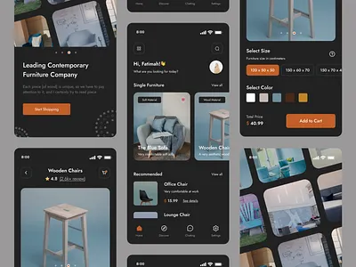 🪑 Furnita - Furniture Mobile Apps Design app brown chair clean dark darkmode ecommerce furniture mobileapps picko pickolab shopping ui uiuxdesign