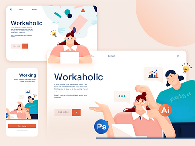 Workaholic app banner design illustration ui vector