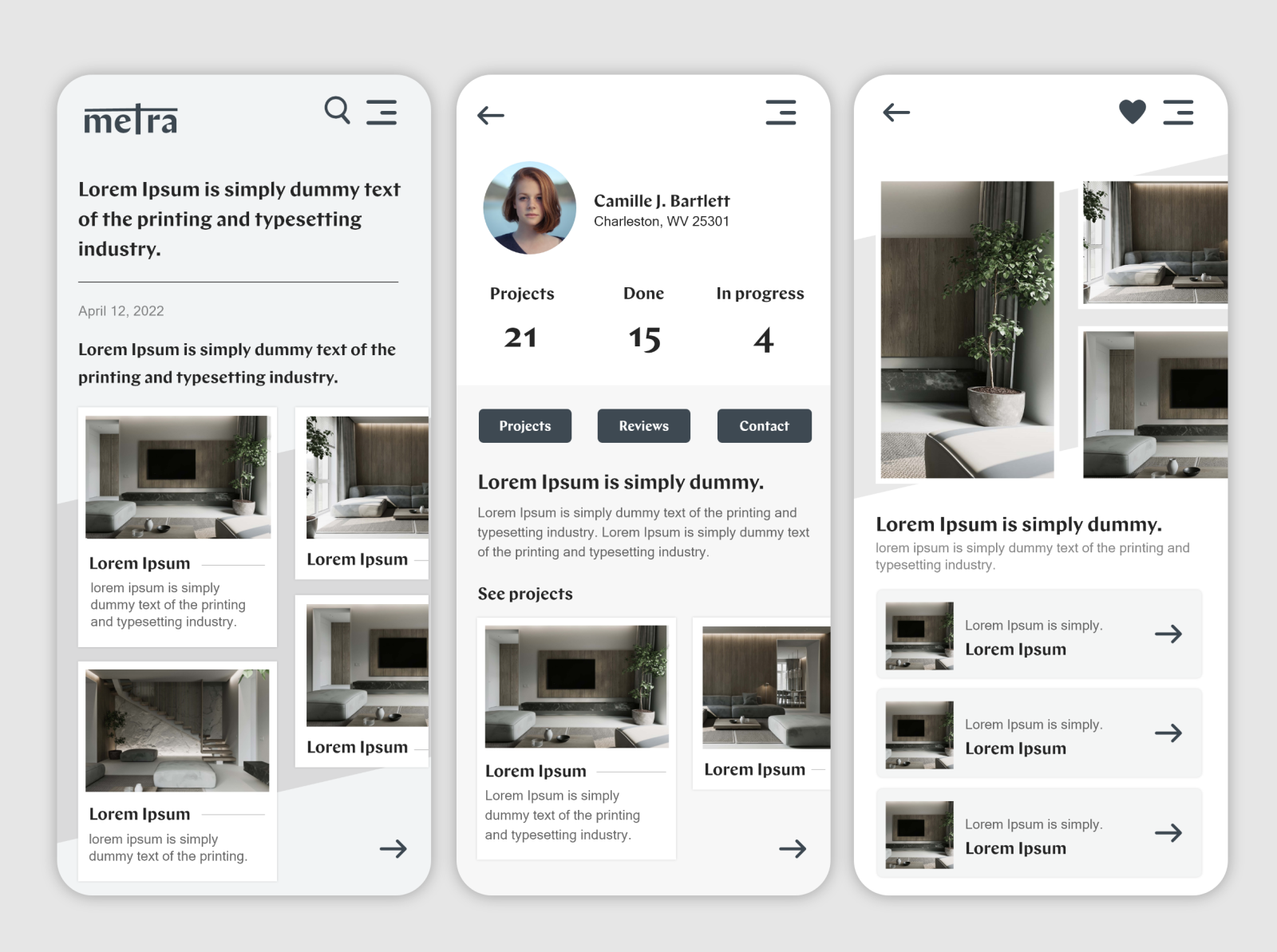 Mobile app design for interior design company by Larisa Varga on Dribbble