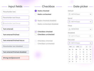 Inputs, checkboxes, date picker dropdown