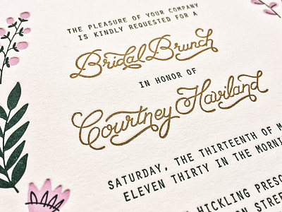 Letterpressed bridal custom lettering floral flower invitations letterpress typography wedding