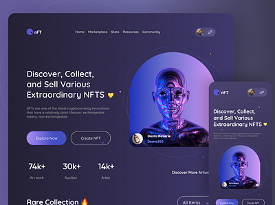 NFT(Landing page)💜 3d bitcoin character clean coin cryptocurrency dark mode ethereum exploration landing page modern nft simple tokens ui uidesign ux uxdesign web website