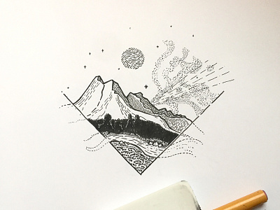Mountains lost in stardust black and white dust forest moon mountains pen and ink river stars