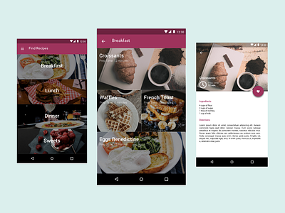 Recipes App with Material Design android app food google material design mobile app mockup recipes ux
