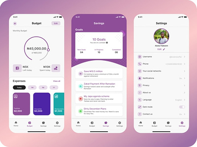 Fintech App Design Concept (Budget, Savings, Profile Screens)