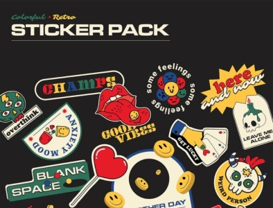 Colorful and Retro Sticker Pack – 20 Pieces assets design psd sticker sticker pack stickers vector