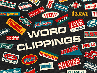 Word Clippings: Retro Stickers and Headlines – 50 Pieces assets design graphic design illustration mockup pop word psd sticker vector word clipping