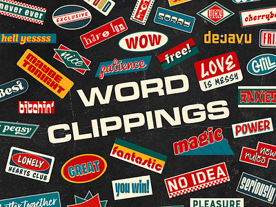 Word Clippings: Retro Stickers and Headlines – 50 Pieces assets design graphic design illustration mockup pop word psd sticker vector word clipping