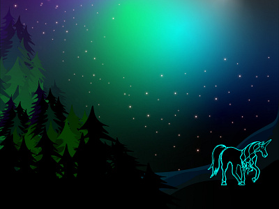 THE NIGHT FOREST design forest horse illustration landscapes lights moon neon night northernlights stars unicorn vector