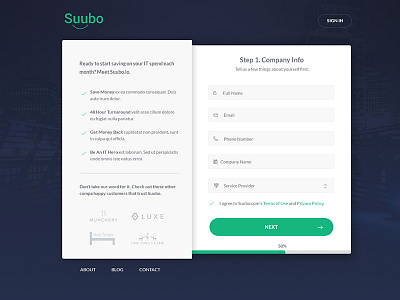 Suubo Multi-step Sign Up blue dark green sign up web design website