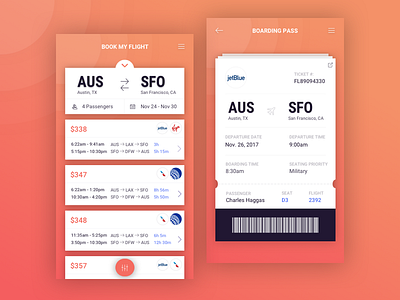 Kayak Flight Selection and Boarding Pass Exploration app boarding pass booking drop shadows flight gradient mobile orange pink purple search results