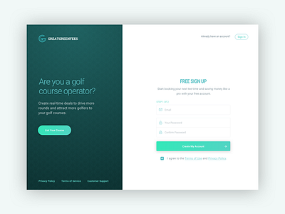 GreatGreenFees - Sign Up app sig up signup web