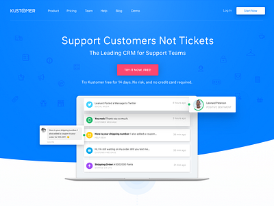 Kustomer Website Home Page blue customer service helpdesk kustomer pink support website