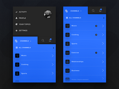 03 Menu - Wisp UI Kit app black blue chat dark group kit menu mobile ui wisp