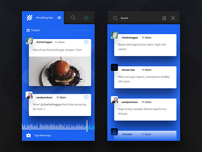 04 Feed And Search - Wisp UI Kit app black blue chat dark feed group kit mobile search ui wisp