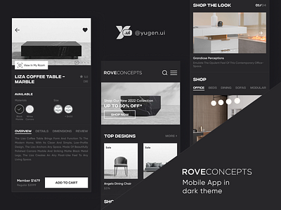 Rove Concepts Online Shop app classic clean concept dark design figma furniture minimalist mobile app modern online shop product typography ui ux